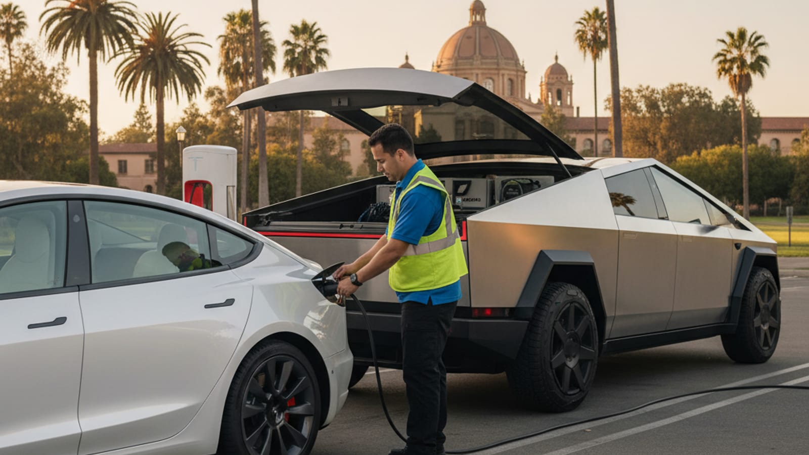 Parked electric vehicle at dusk with dark windows beside an empty lot
