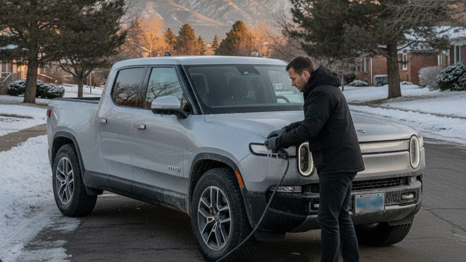 A Rivian R1T charge port on a cold Front Range morning with a charging cable still seated