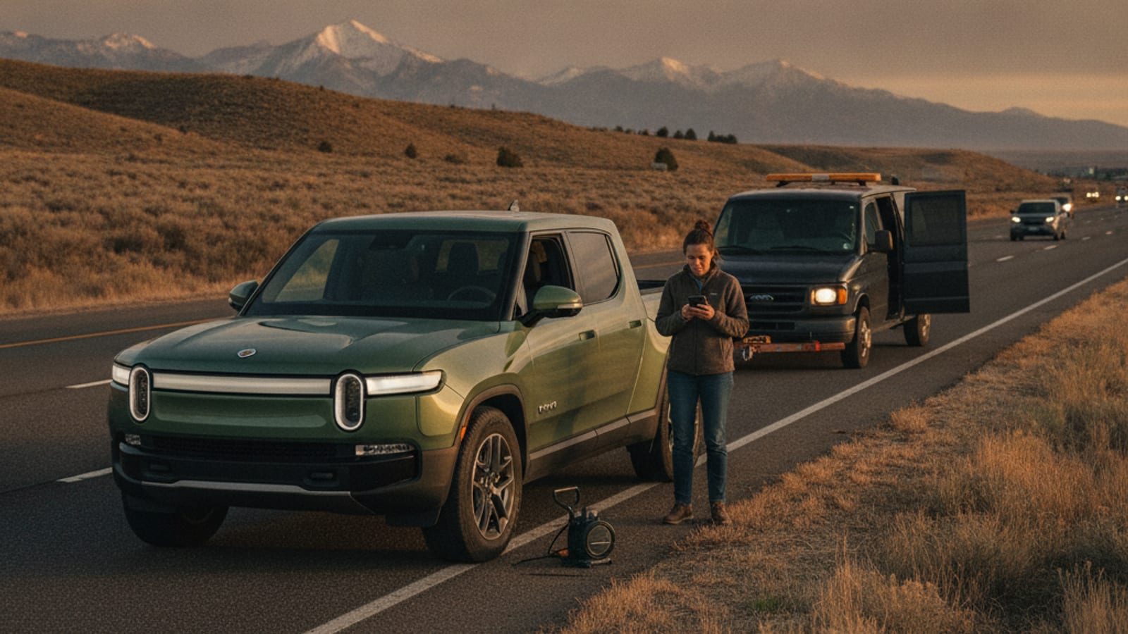 An electric truck parked on a Colorado highway shoulder with hazards flashing