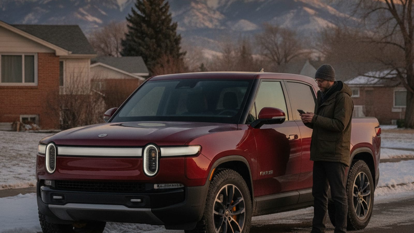 A Rivian R1T parked on a Front Range driveway after a cold night with no lights on the dash