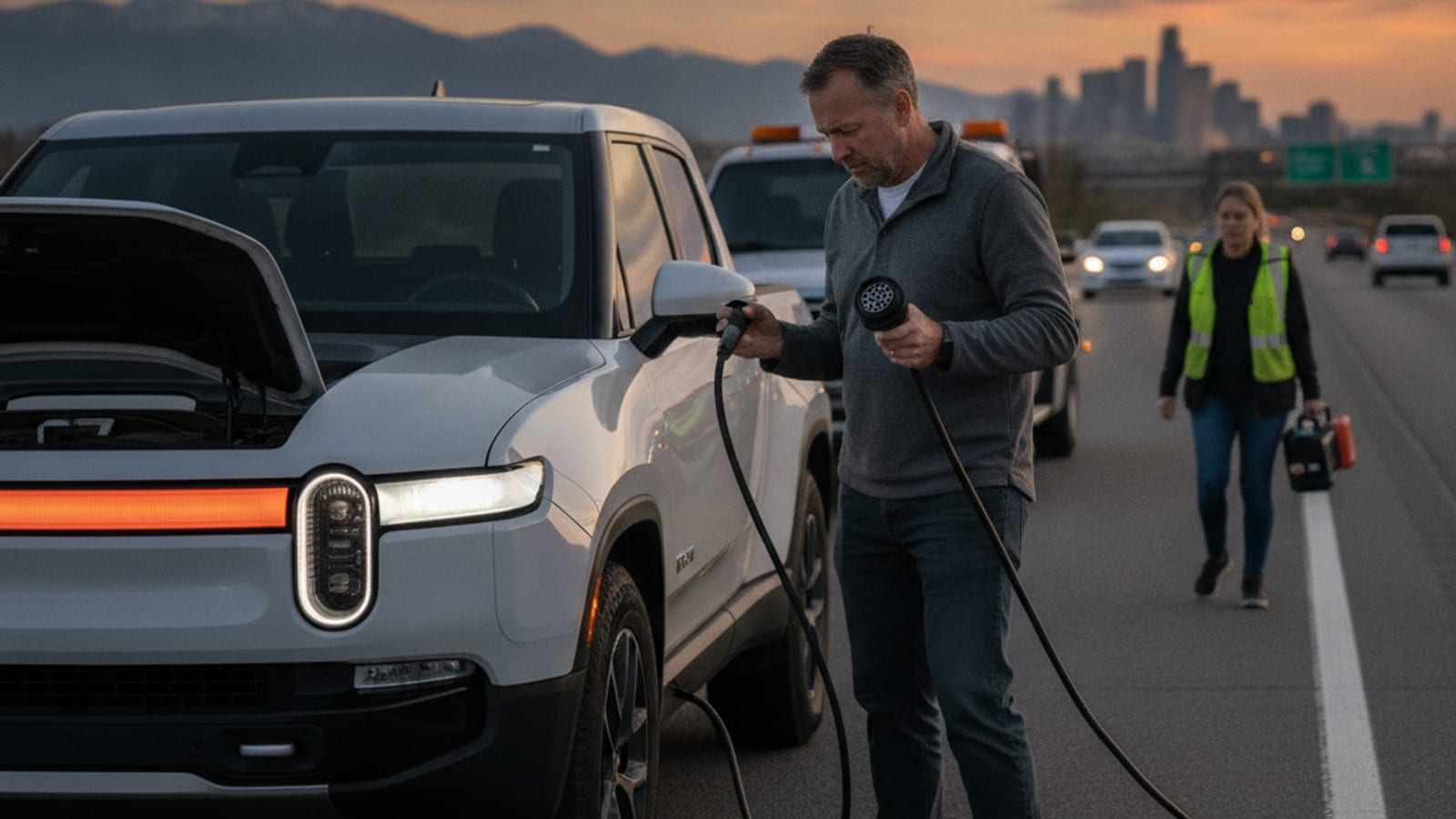 A Rivian R1T parked at a Denver metro curb with its charge port open and a Level 2 cable nearby
