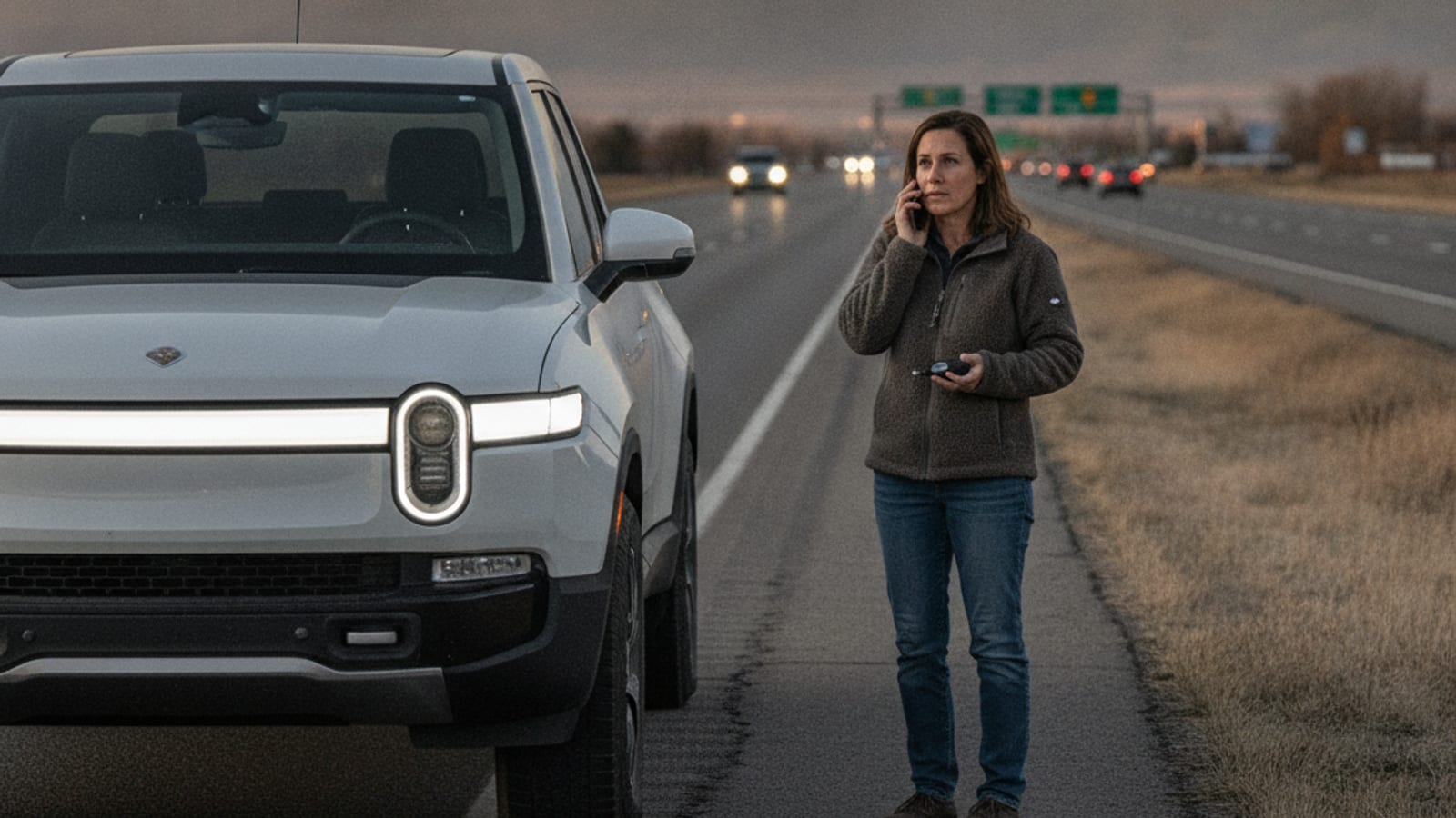 A Rivian driver holding a phone beside the driver's door on a paved shoulder