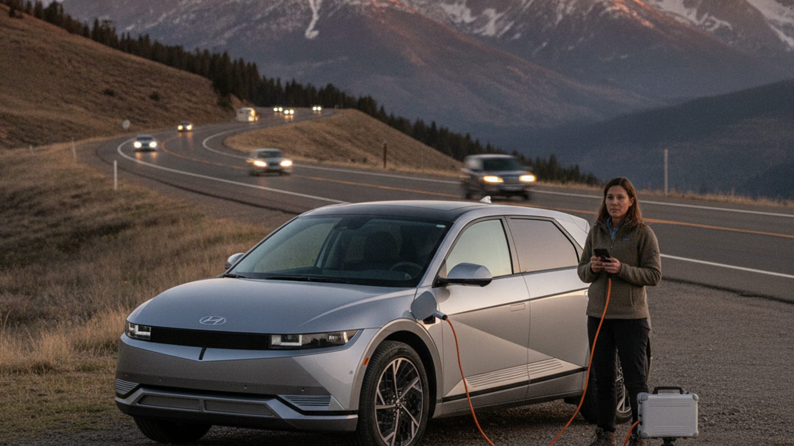 A roadside service truck parks behind a stalled electric vehicle on a paved shoulder