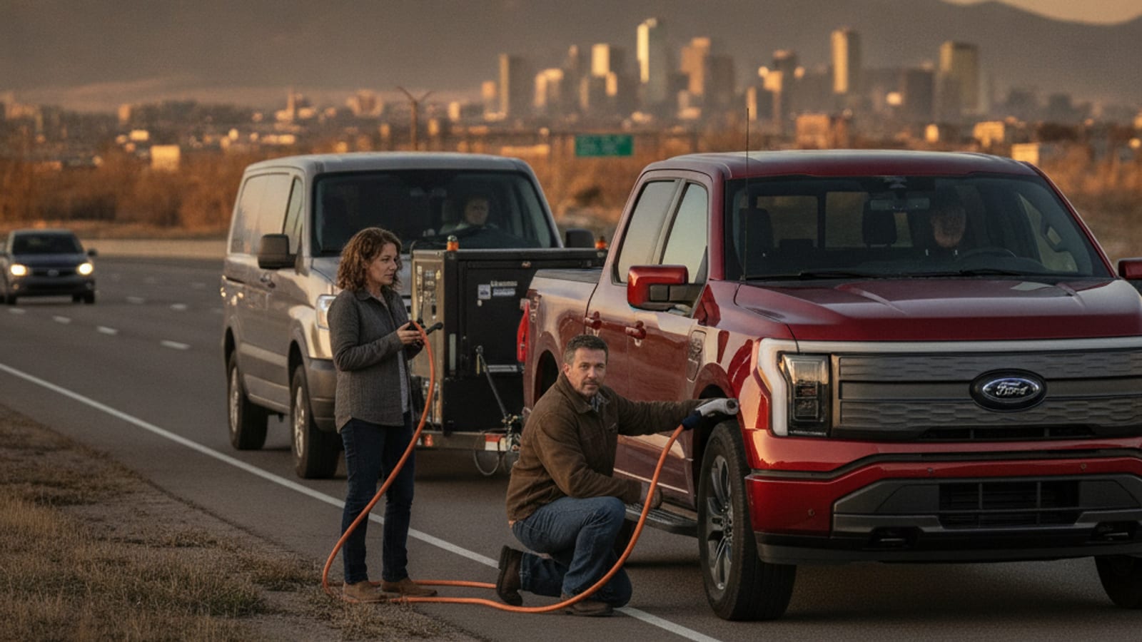 A stranded EV sits on a Denver-area shoulder with a mobile Level 2 unit parked behind it