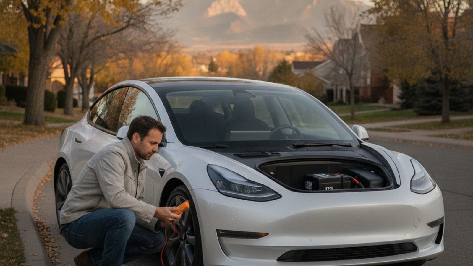 A Tesla Model Y with a dark center screen in a snow-dusted Denver lot