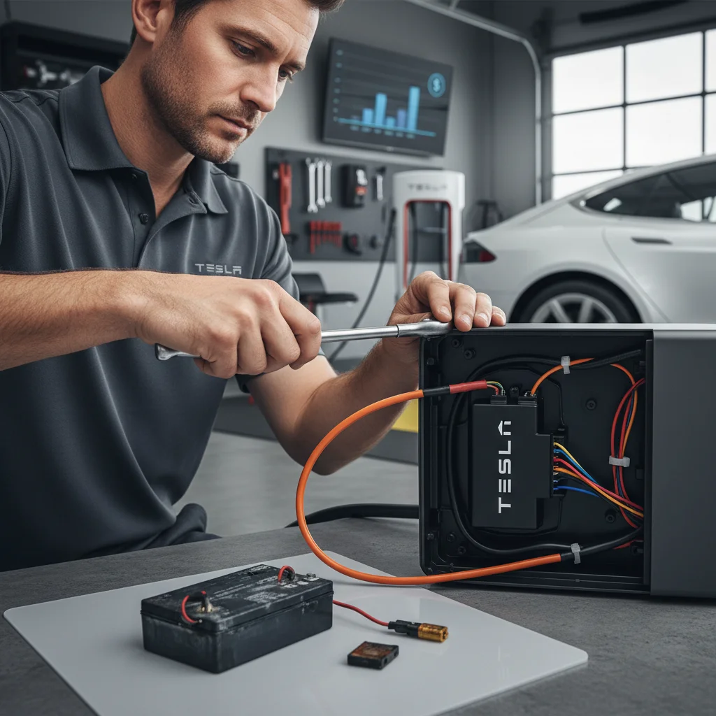 Jump pack cables clamped onto a 12-volt post under an open EV hood