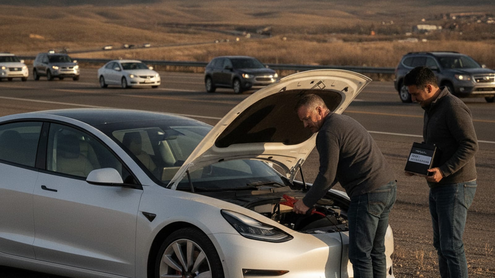 A Tesla Model Y with its hood unlatched in a cold Denver driveway, hazards on