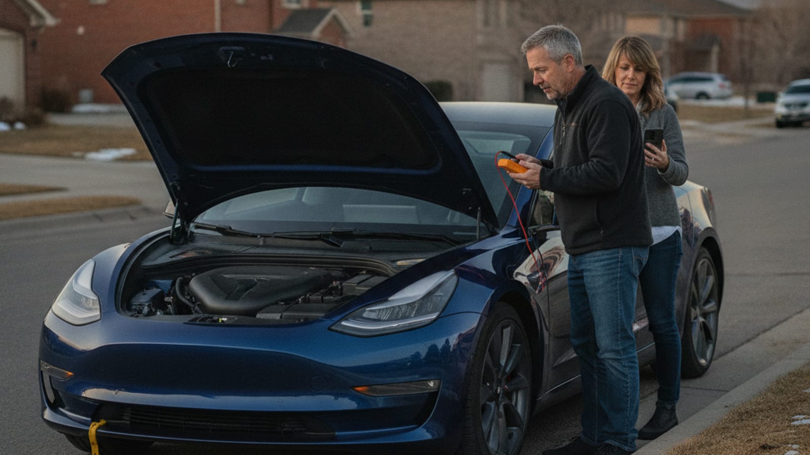 A Tesla sits in a Denver driveway at dusk with frost on the windshield and the headlights off