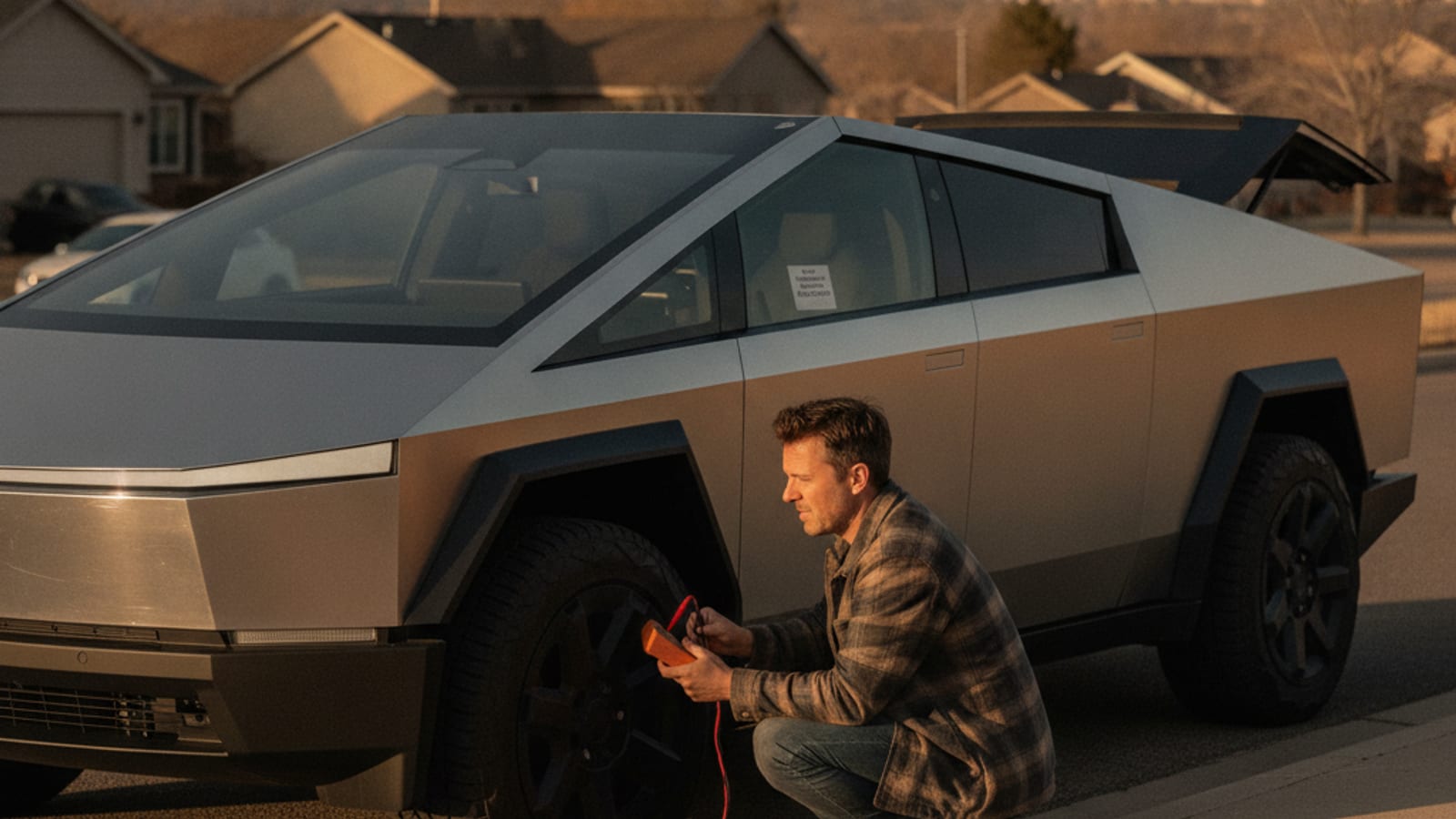 A Tesla sits in a cold parking lot under flat grey sky with the charge port closed and hazards flashing