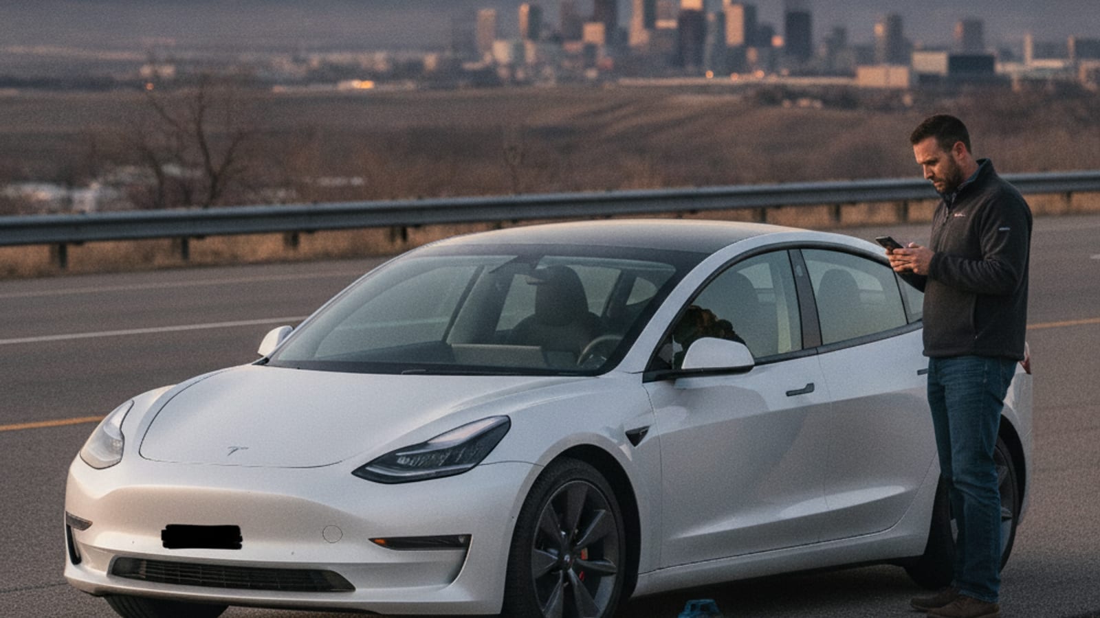 A Tesla parked along a Front Range shoulder with hazards flashing and the charge port closed