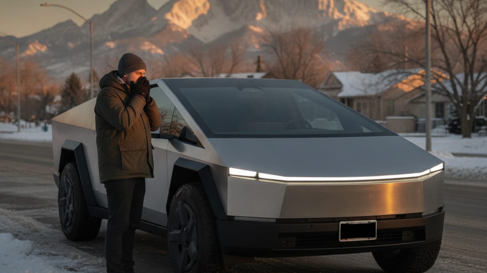 A Tesla Cybertruck with a dark center screen parked in a snow-dusted Denver lot