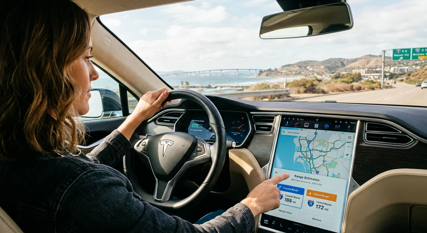 A Tesla parked on a roadside while the driver checks remaining charge on the screen