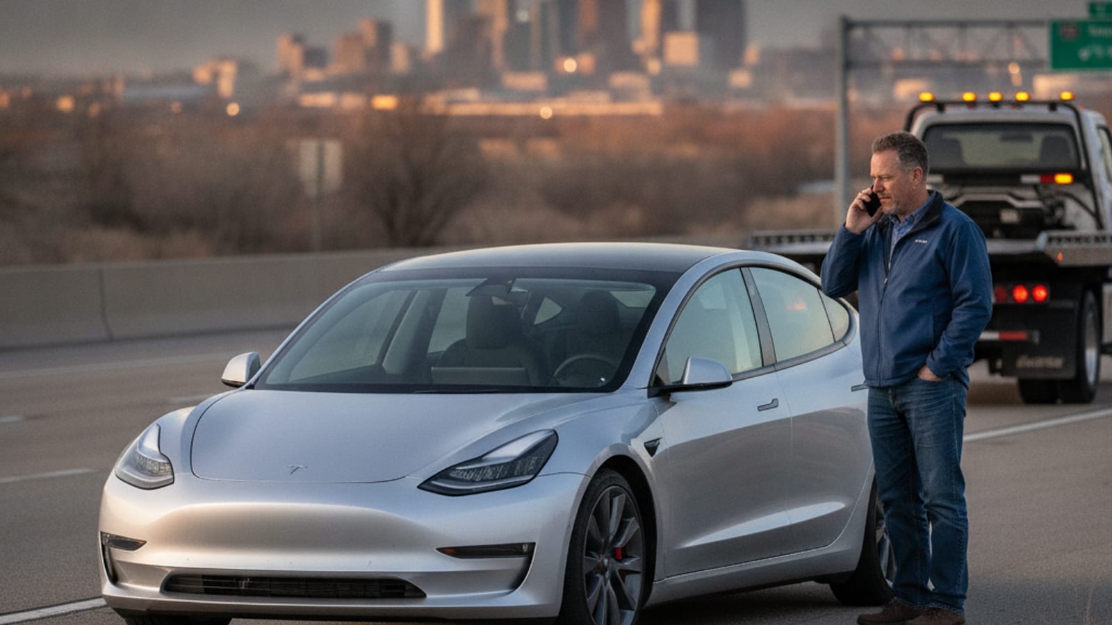 A Tesla with a flat tire on a paved shoulder with hazards flashing