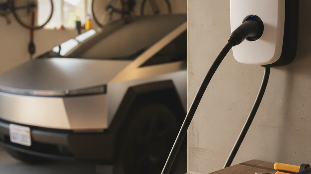 A charging cable plugged into an electric car on a roadside shoulder