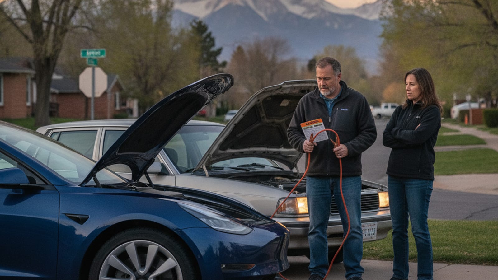 A Tesla parked on a Denver street shoulder near a stalled gas car