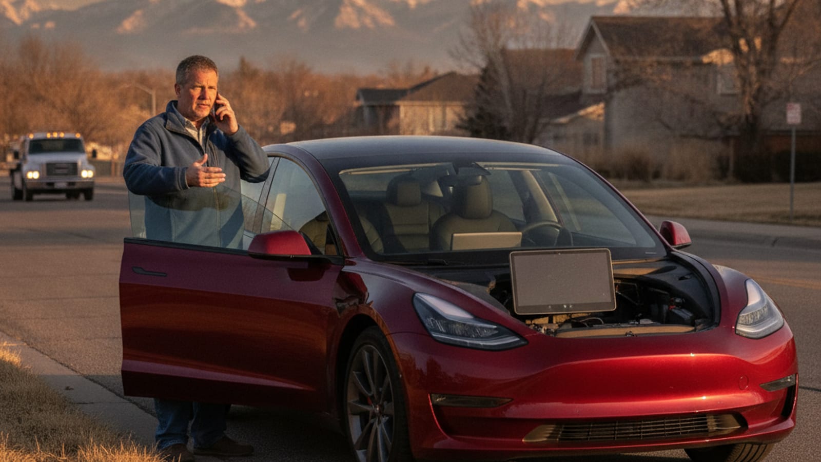 A dark Tesla parked in a Denver lot with no exterior lights showing