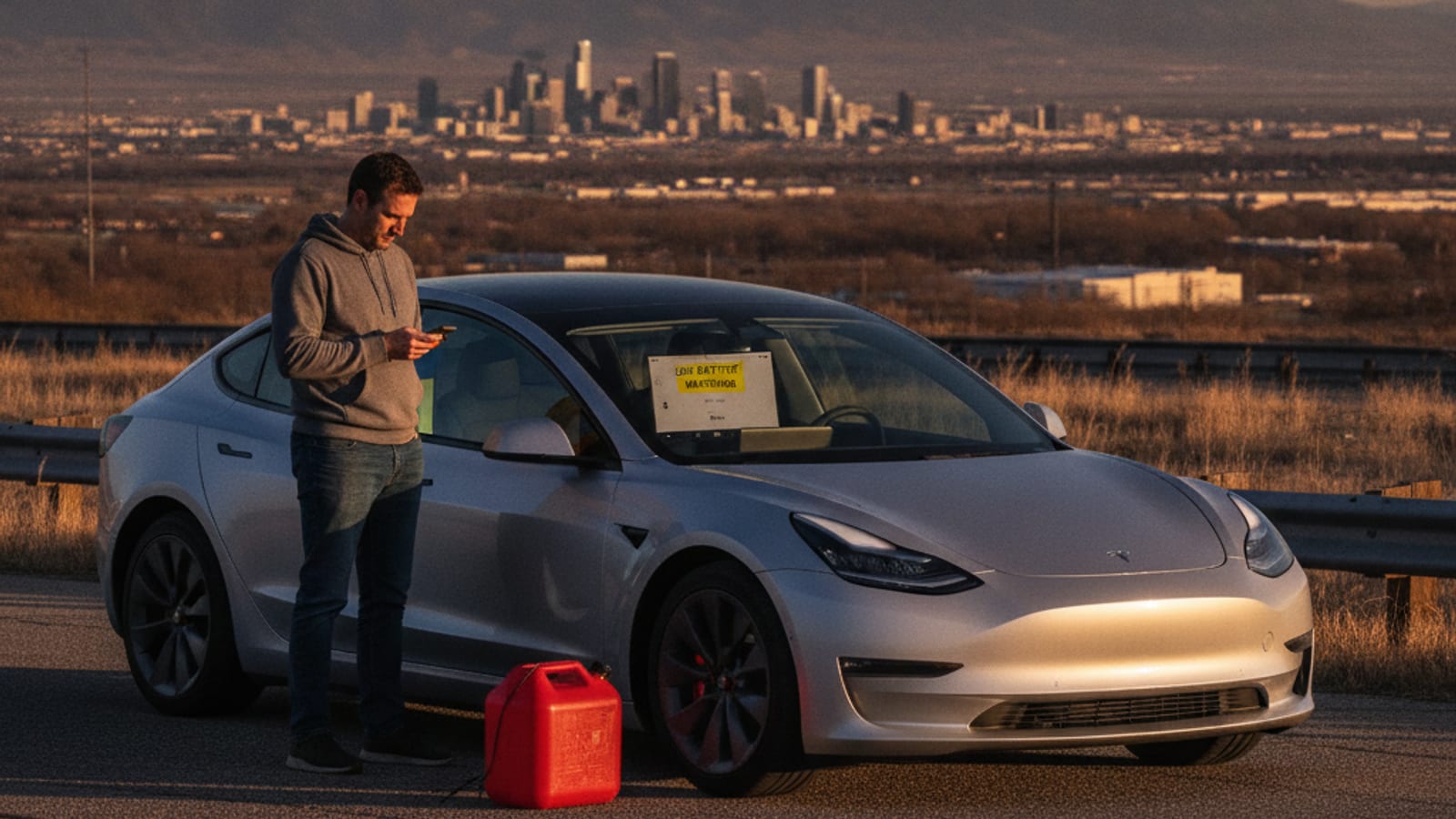 A Tesla driver checks the dashboard at a Supercharger in the cold
