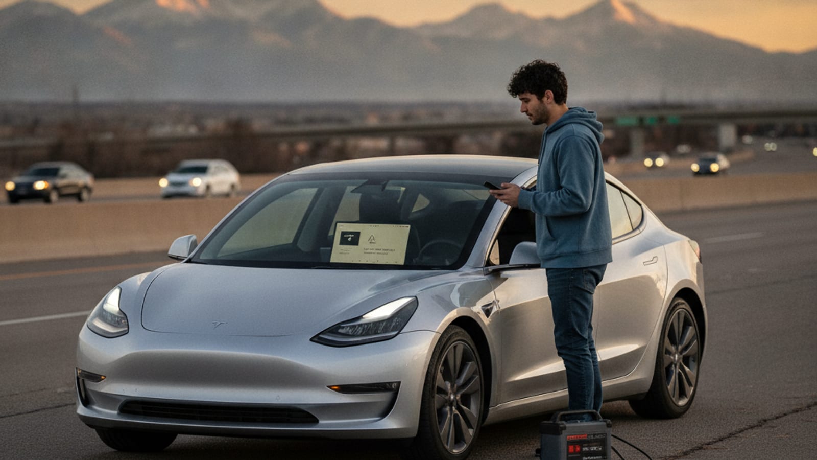 A Tesla Model Y parked in a cold Denver lot at sunrise with frost on the windshield