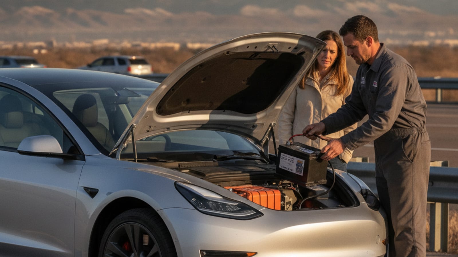 A Tesla Model 3 with its hood unlatched in a Denver driveway, the frunk liner lifted to show the small 12-volt area