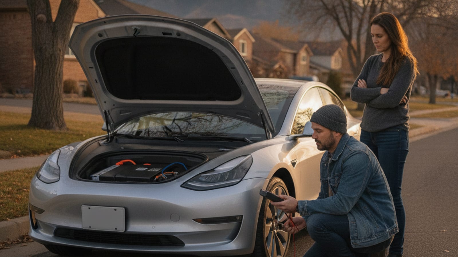 A Tesla Model 3 sits in a frozen parking lot with a dark center screen
