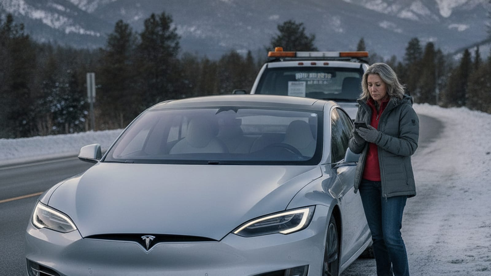 A Tesla Model S parked on a residential street with snow on the ground