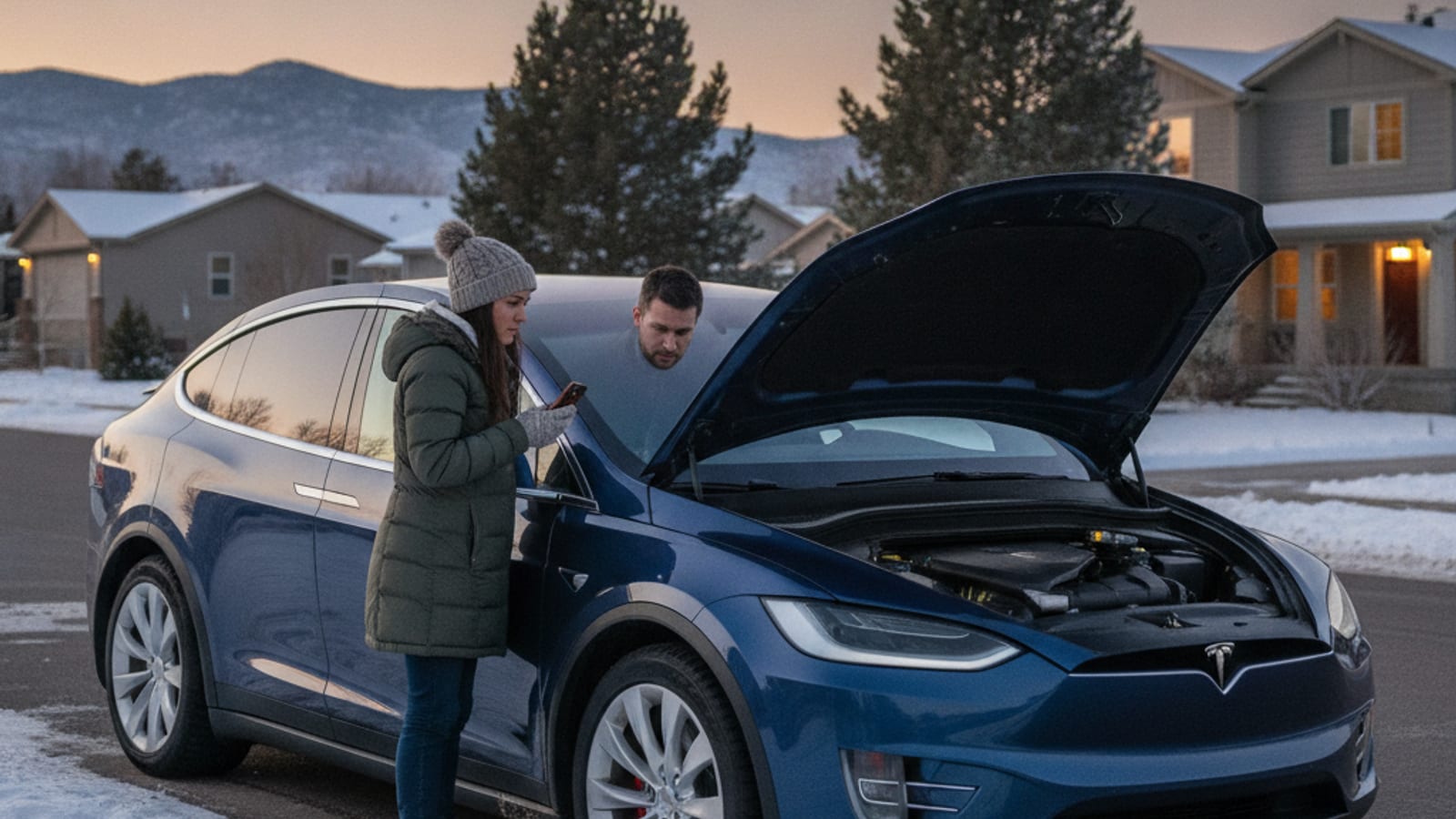 A Tesla Model X parked on a snow-dusted Denver street with the screen dark