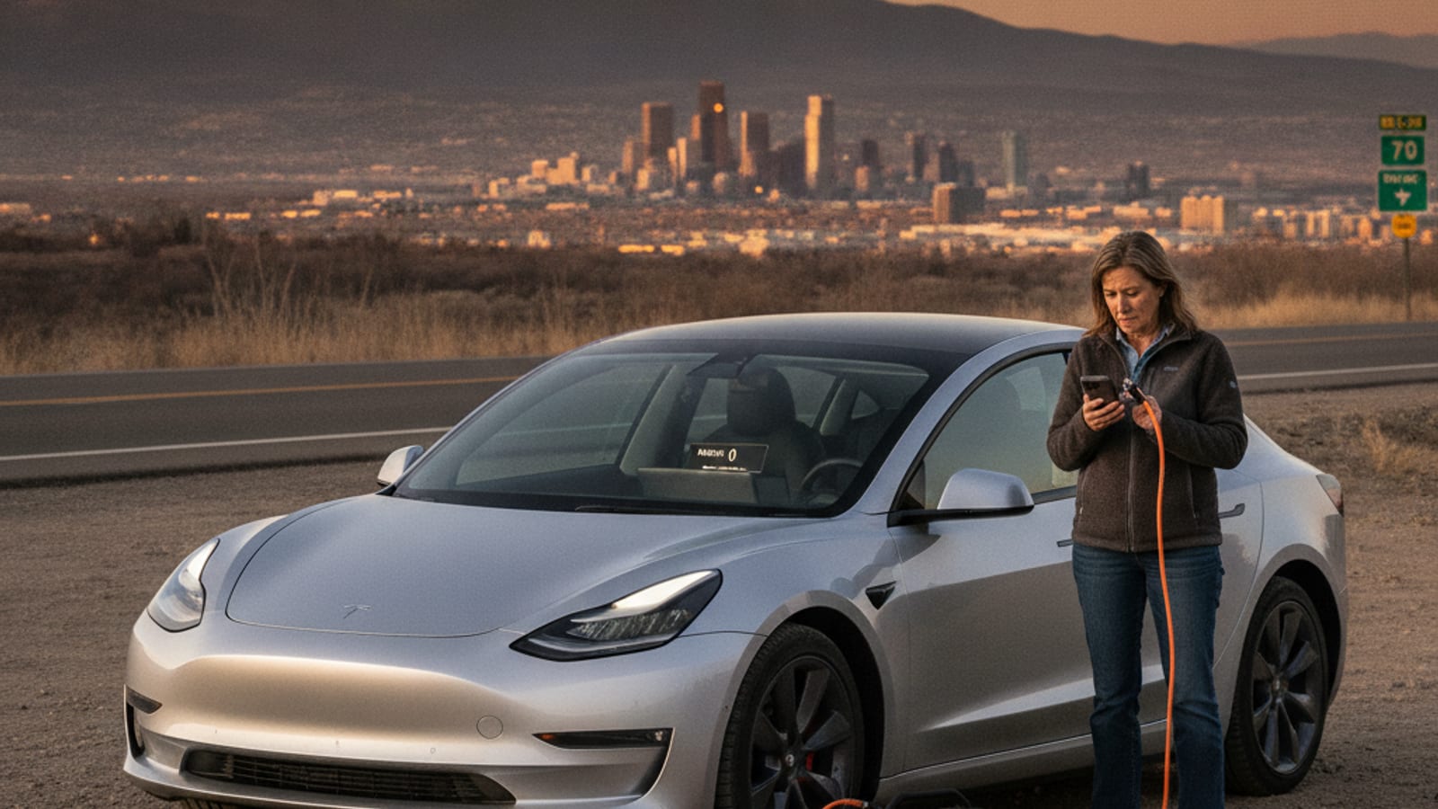 A Tesla stopped on the outside shoulder of a Denver-metro freeway with hazards flashing