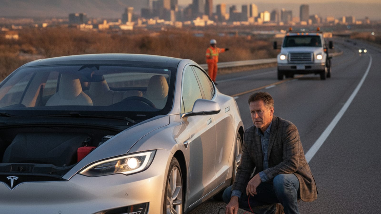 A Tesla parked in a Denver lot at dawn with frost on the body and no lights on