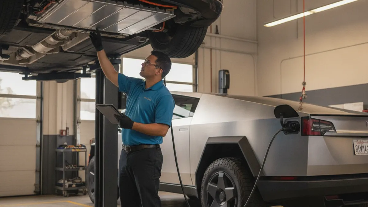 A technician inspecting the underside battery pack of a Tesla raised on a service lift.