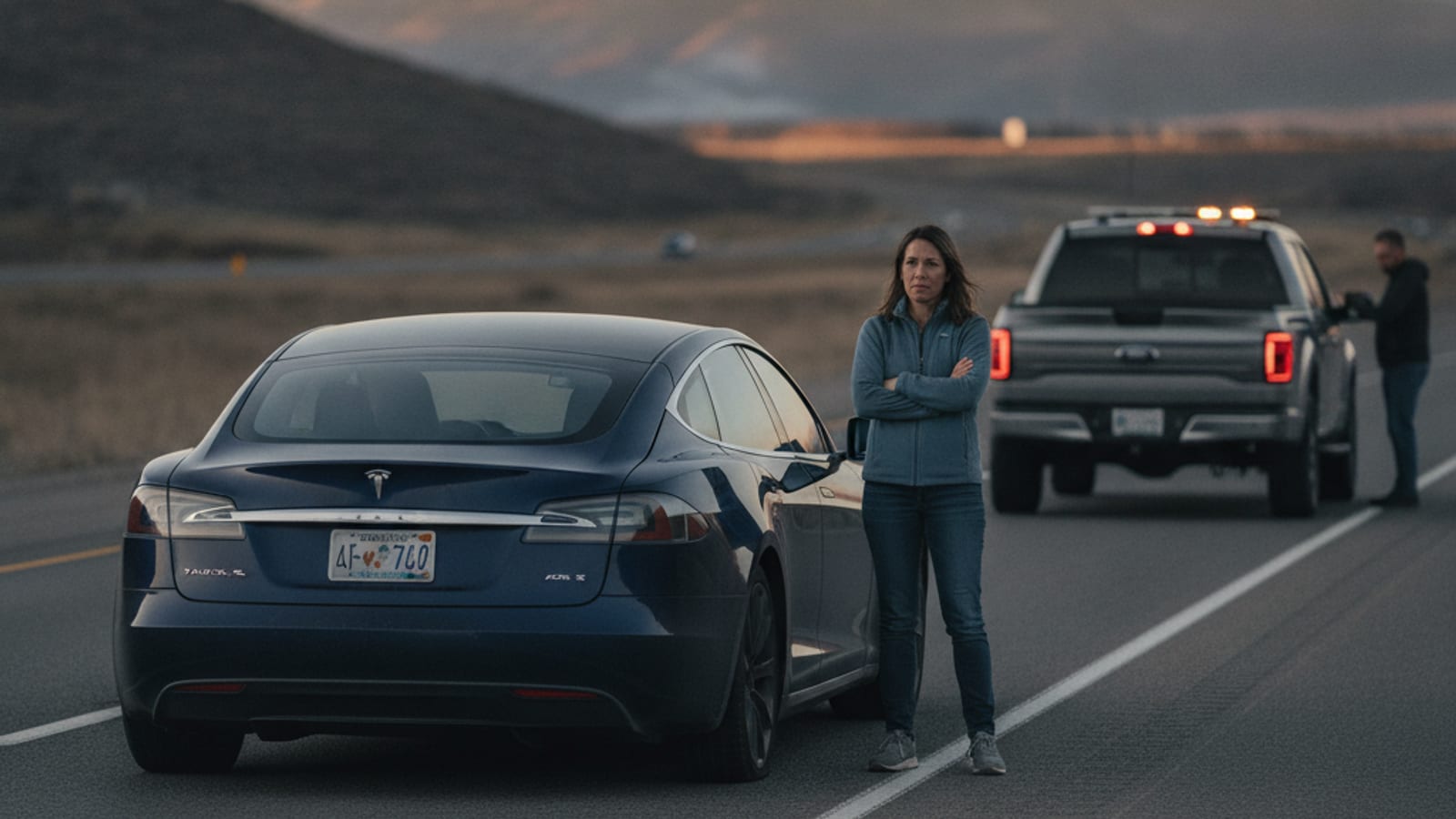 A Tesla on a Front Range shoulder at dusk with its hazards on