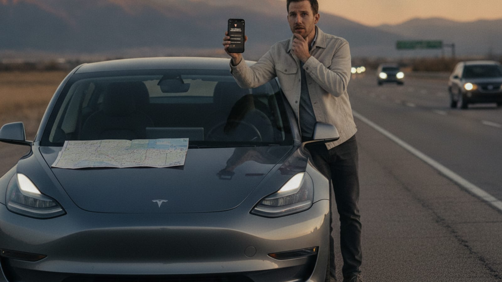 A driver holds a phone at the edge of a Front Range canyon road while a Tesla sits with hazards on