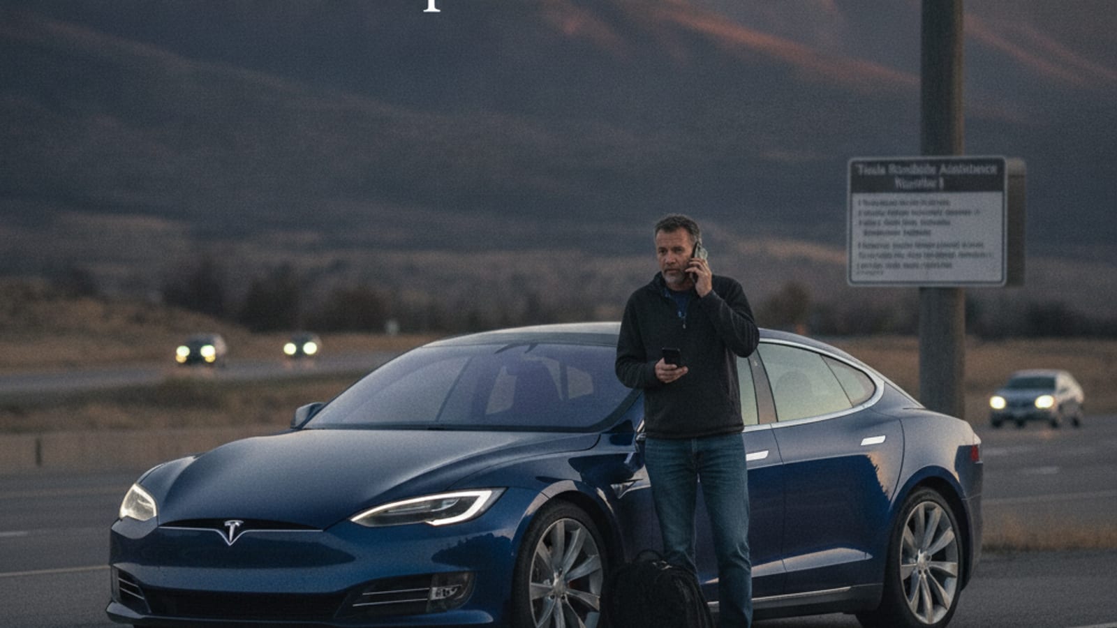 A dark Tesla sedan parked on a paved highway shoulder with hazard lights flashing
