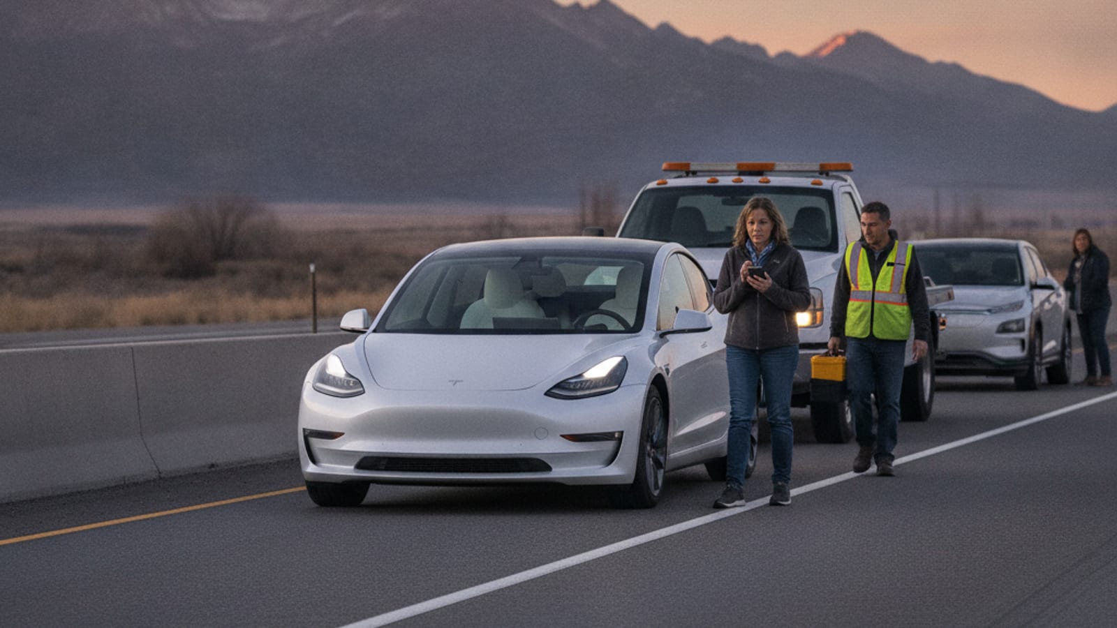 A Tesla parked on a Front Range shoulder with hazards flashing and the charge port closed