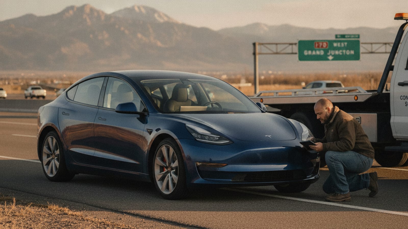 A Tesla sits on a Denver metro shoulder at dusk with hazards on