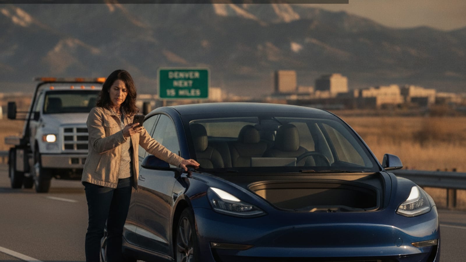 A Tesla parked on a Front Range shoulder with hazards flashing, charge port closed