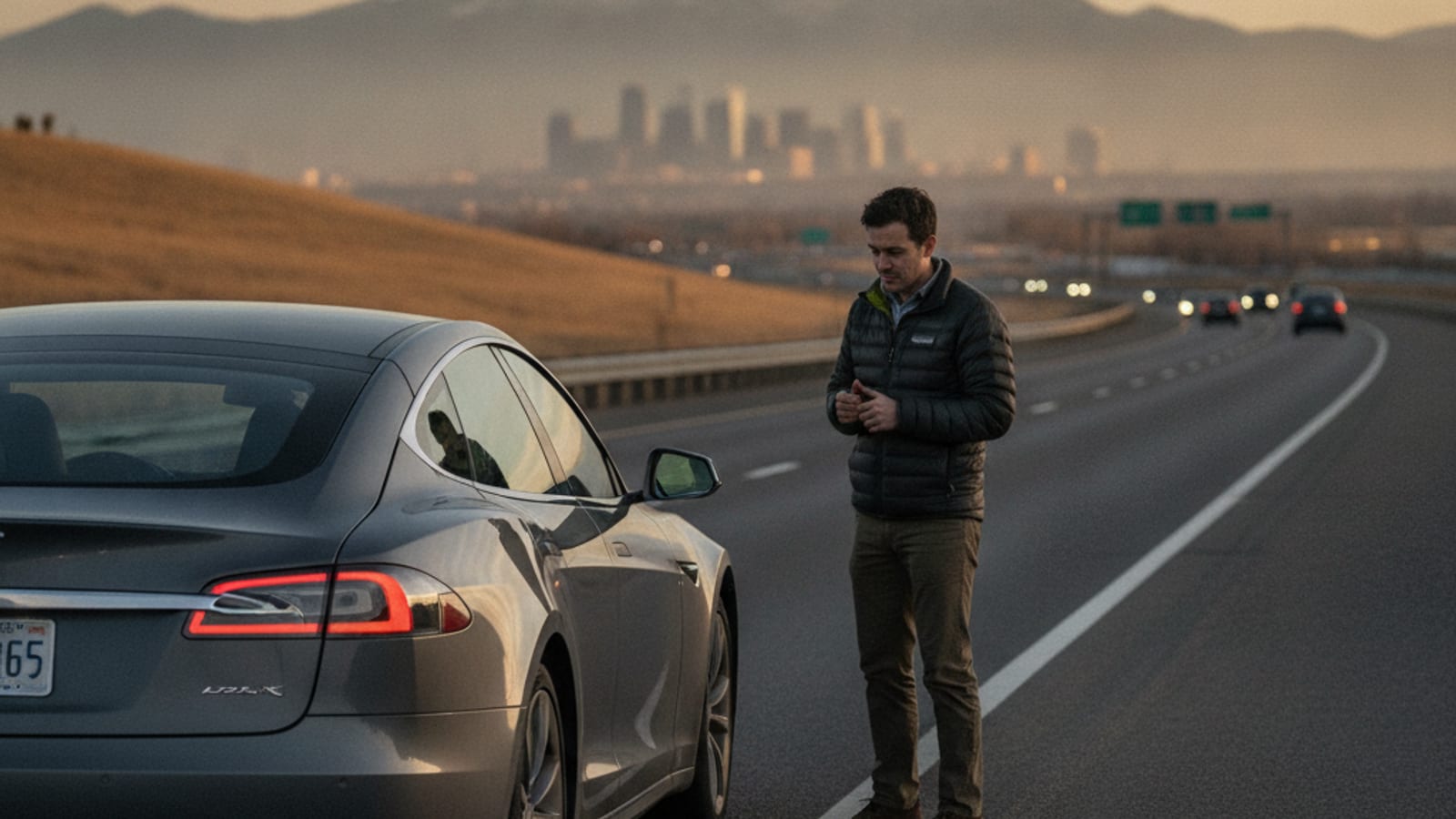 A Tesla Model Y on a paved Front Range shoulder with its hazard lights flashing and charge port closed
