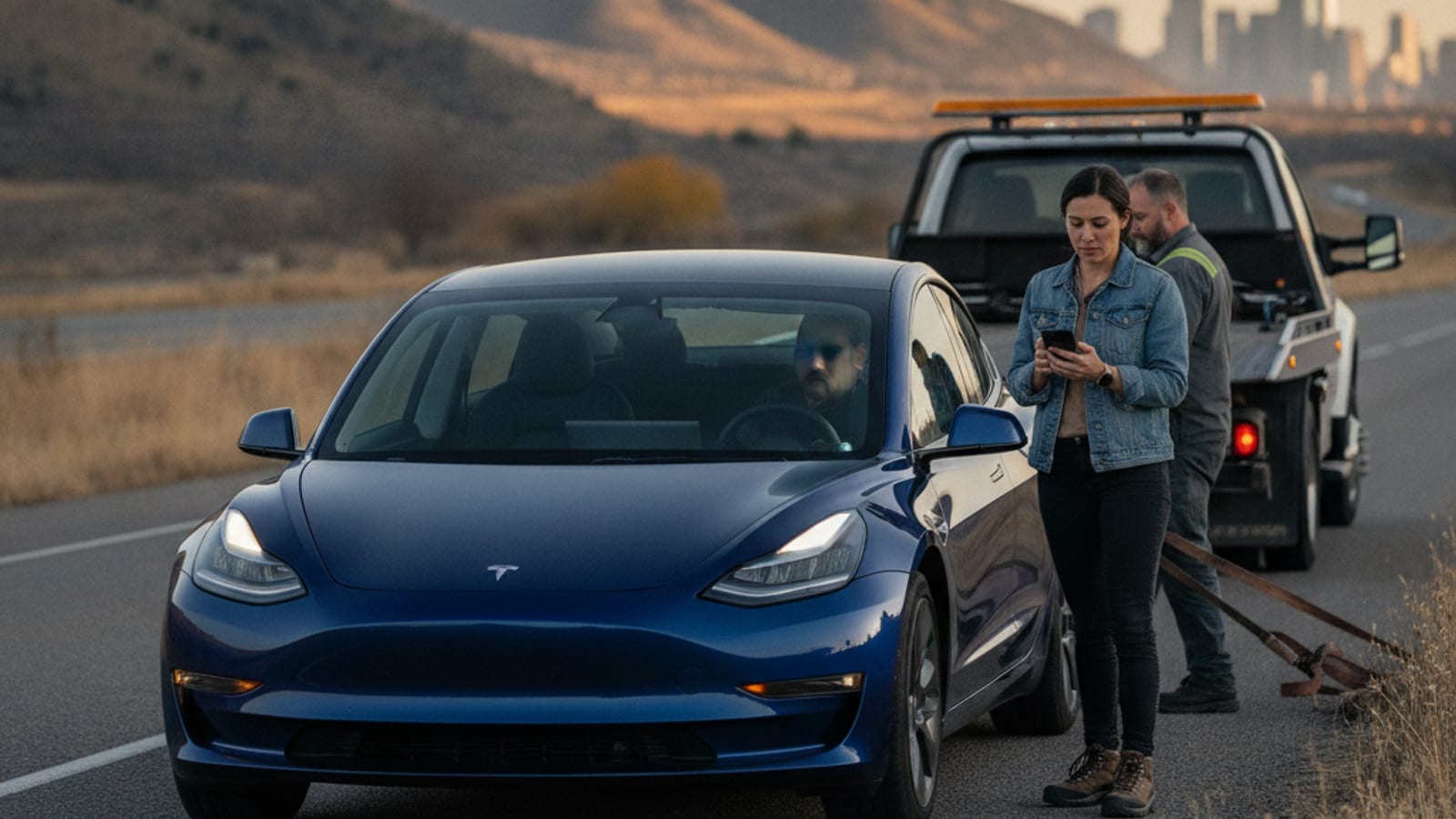 A Tesla Model 3 on a Front Range shoulder with hazards on and a phone showing the Tesla app roadside screen