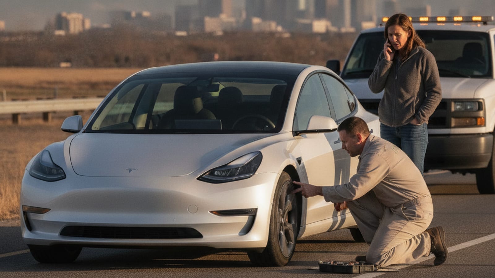 A Tesla parked on a Front Range shoulder with a visibly low front tire and hazards on