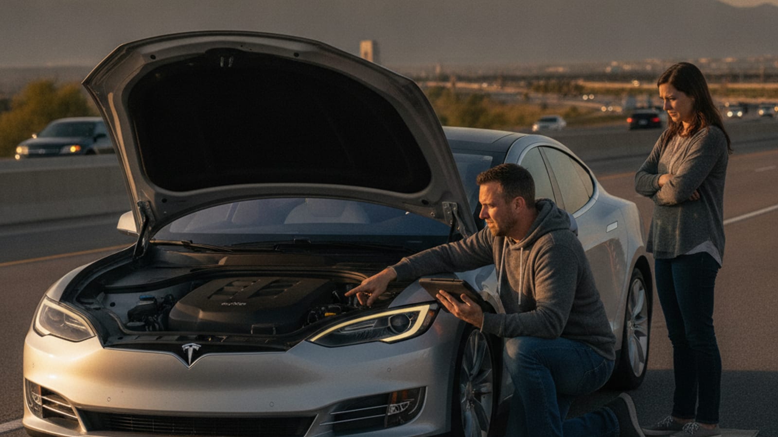 A Tesla parked in a Denver lot at dawn with frost on the body and no lights on