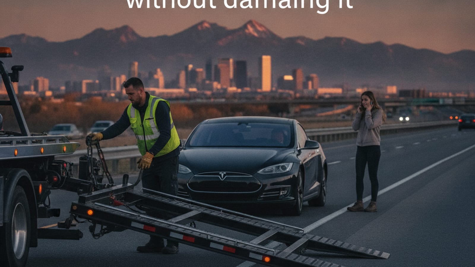A Tesla sits on a Colorado highway shoulder with its hazards flashing