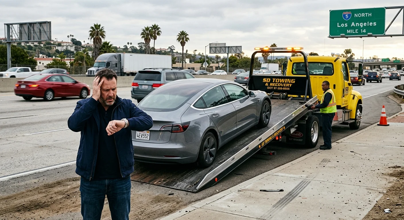 An electric car being winched onto a flatbed tow truck on a freeway shoulder while the driver waits beside it
