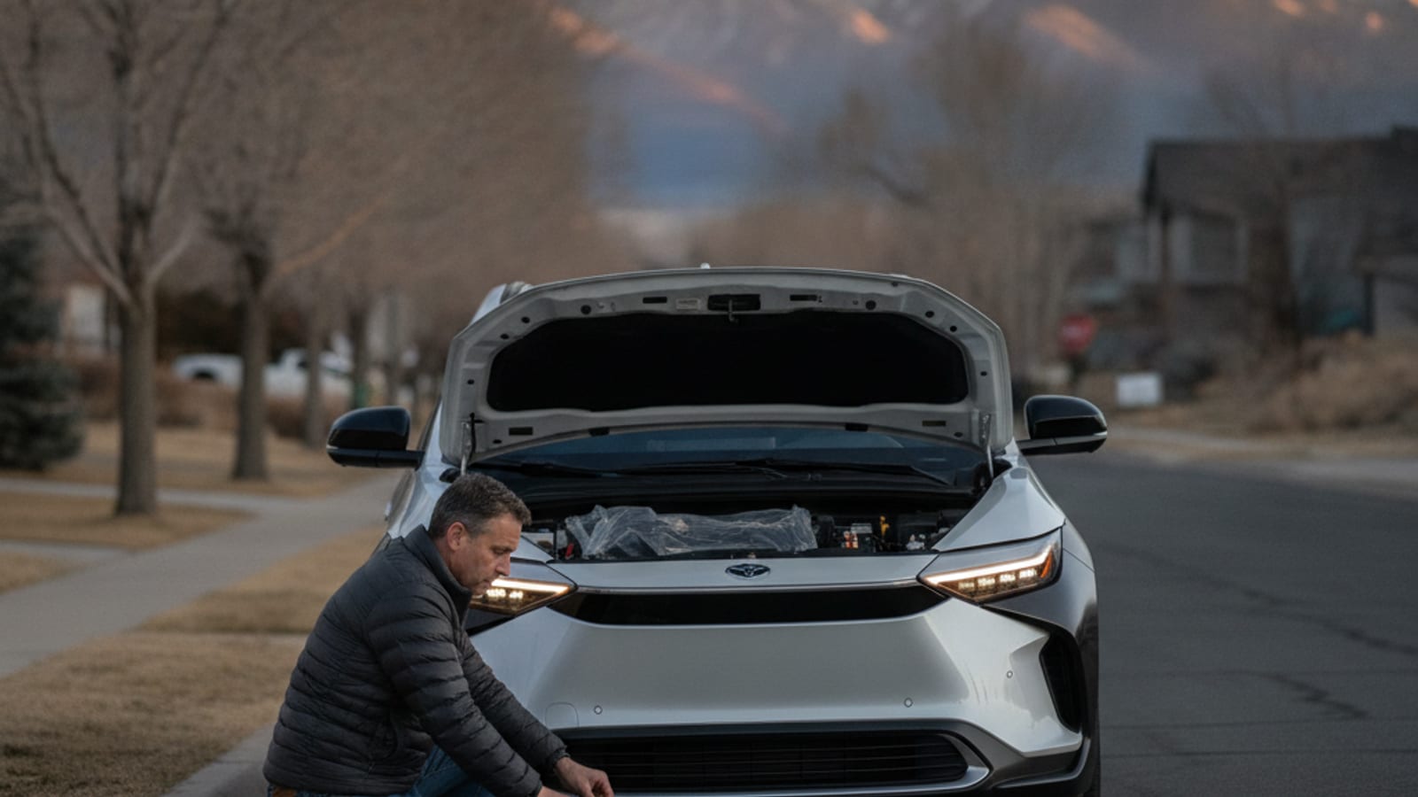 A Toyota bZ4X parked on a Denver side street with its hazard lights flashing after a cold morning