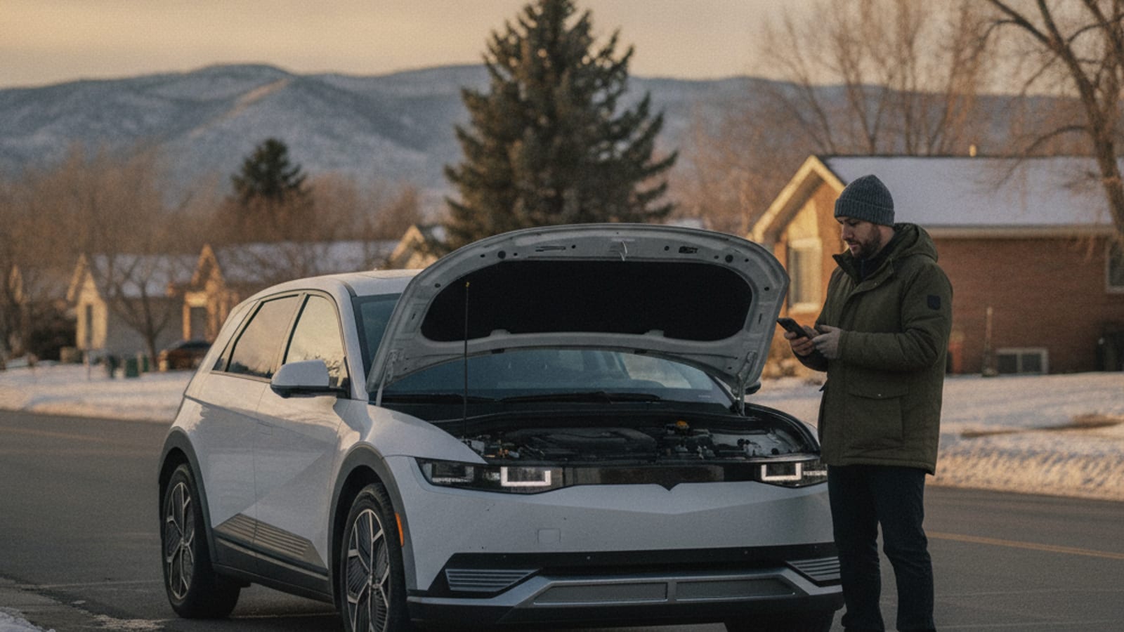 A Volvo XC40 Recharge parked on a frozen Denver driveway with a dark cabin and a closed charge port