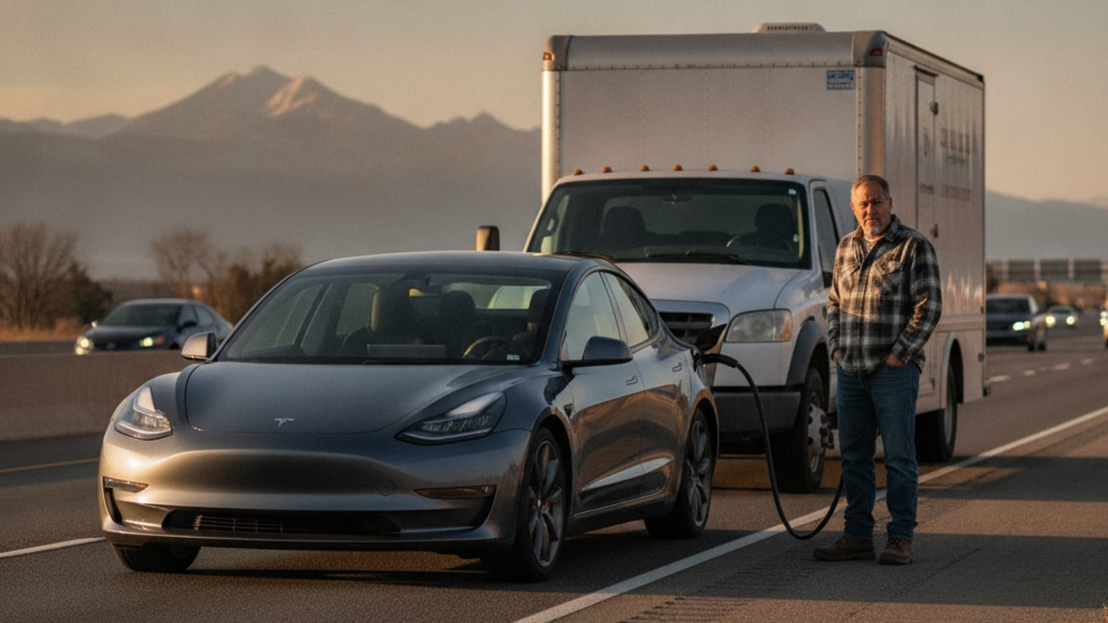A mobile charger truck parked behind a stranded electric vehicle on a Denver metro shoulder