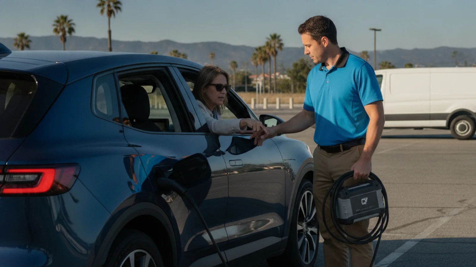 Electric car on a paved shoulder while a helper checks the front compartment