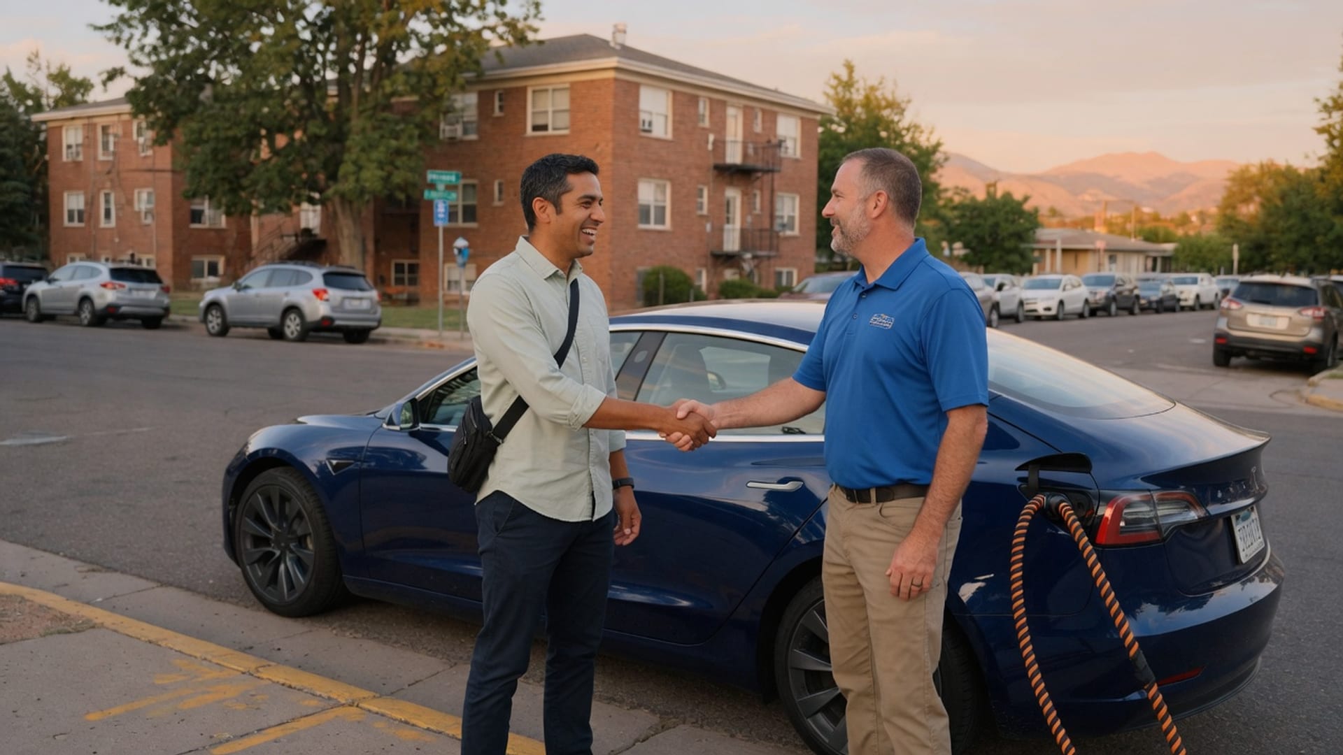 An EV driver speaking with a roadside professional beside a Tesla Model 3 in the Denver metro