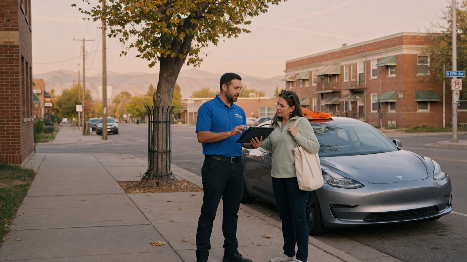 An EV driver discussing roadside options beside a Tesla Model 3