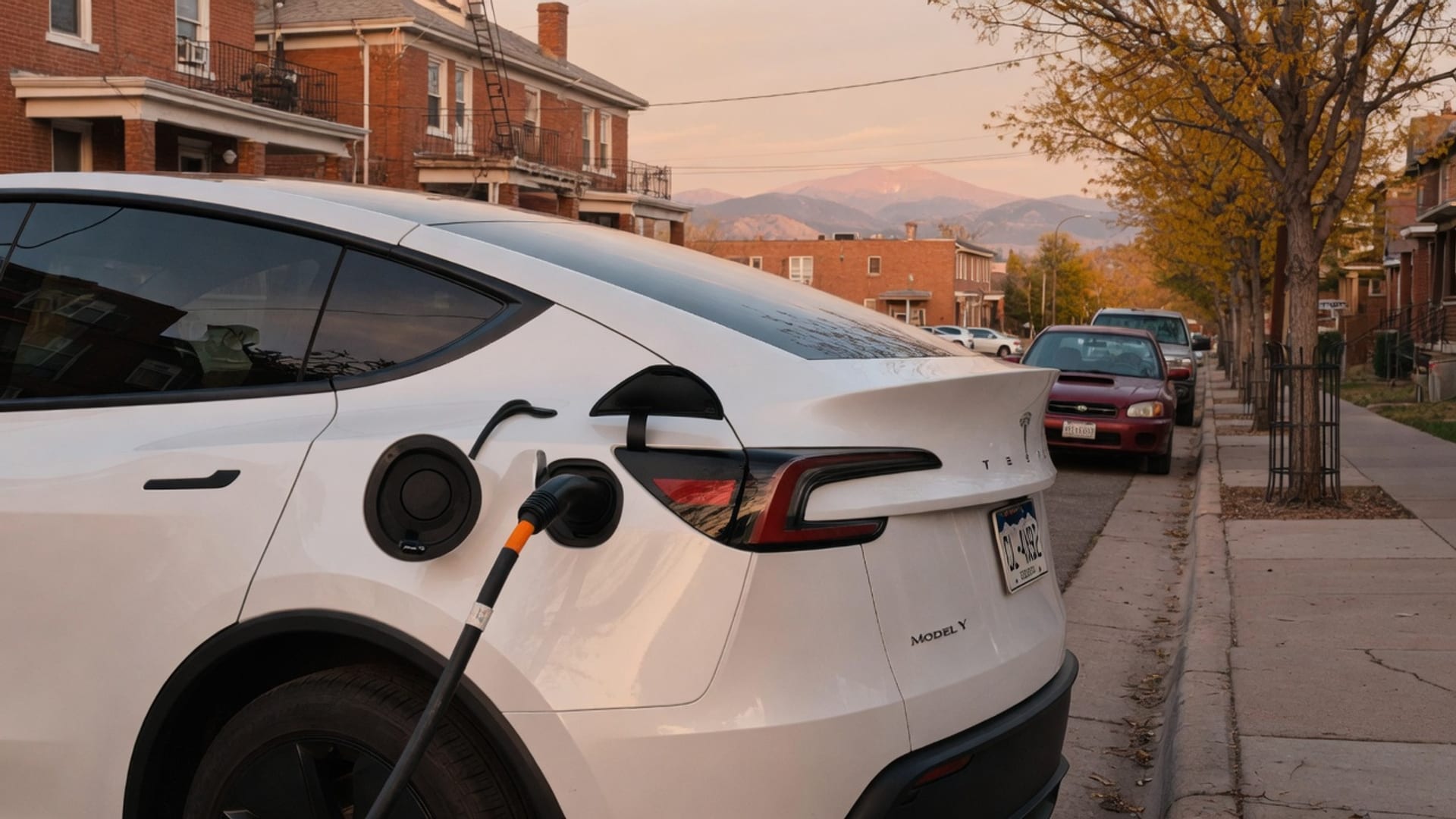 Mobile charging cable connected to a Tesla Model Y on a Denver street