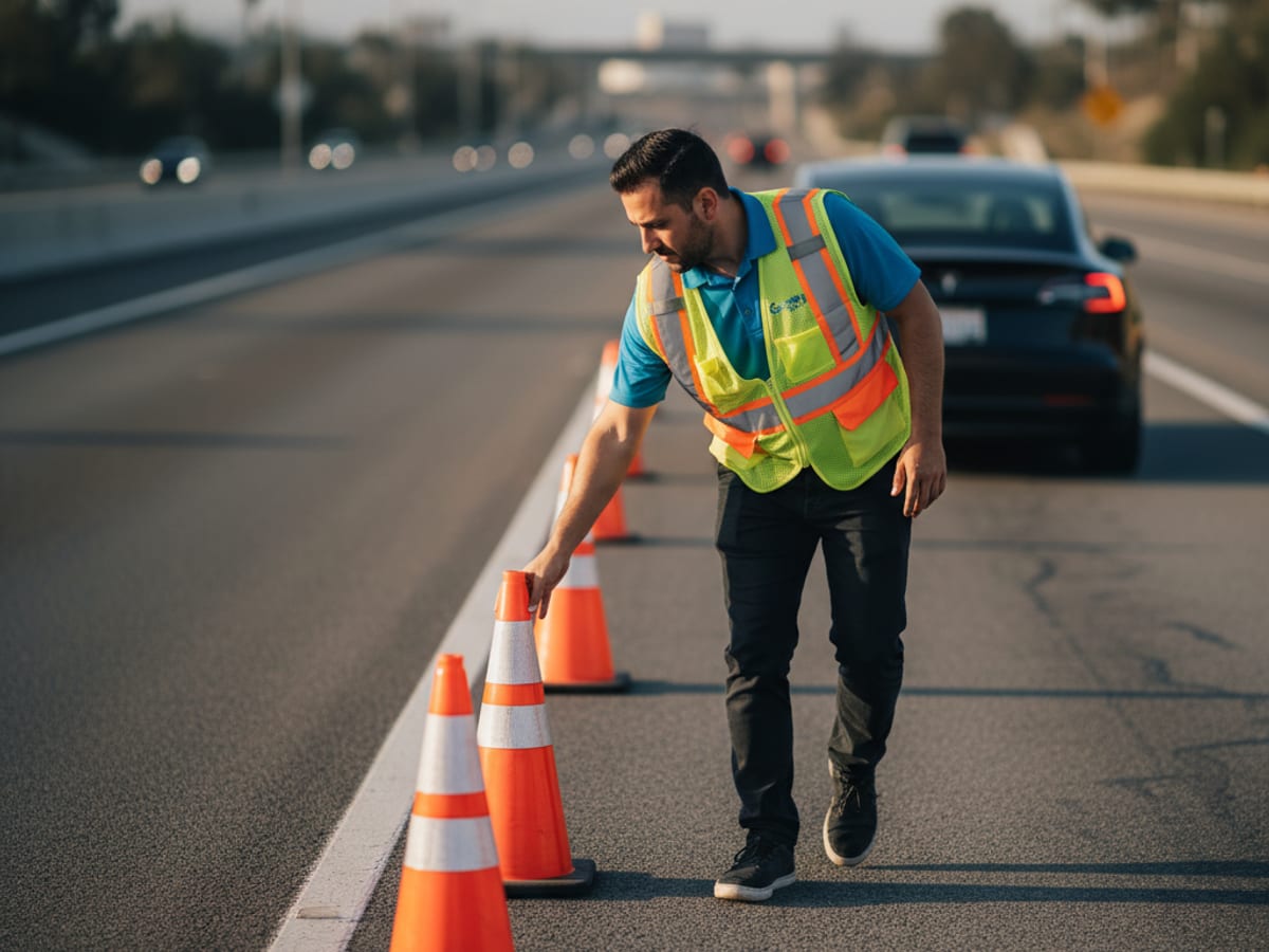 Roadside safety cones placed near an electric vehicle in the Denver metro