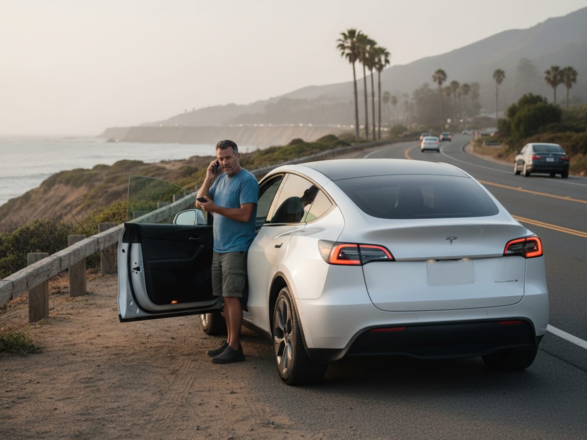 Mobile charging cable connected to a Tesla at a safe roadside location in the Denver metro